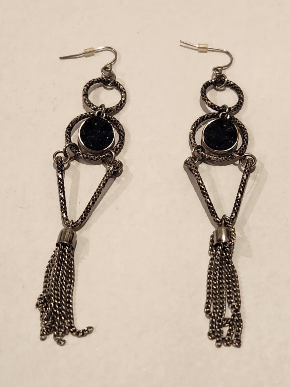 Art Deco Black Geode Chain Tassel Earrings